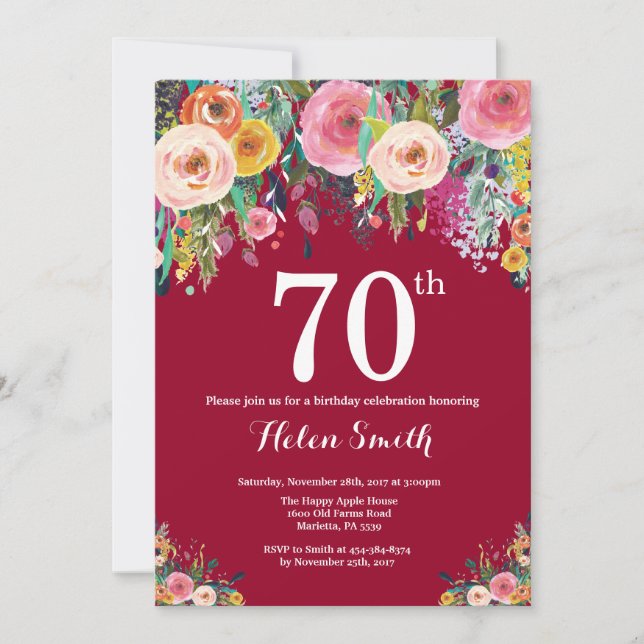 Invitation d'anniversaire 70 ans à motif floral bo (Devant)