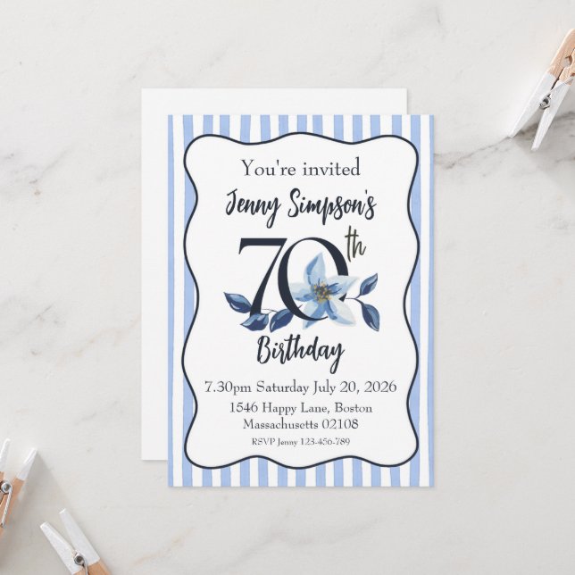 Invitation d'anniversaire 70 ans à rayures bleues  (Devant/Arrière en situation)