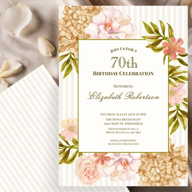 Invitation d'anniversaire 70 ans aux fleurs élégan (Créateur téléchargé)