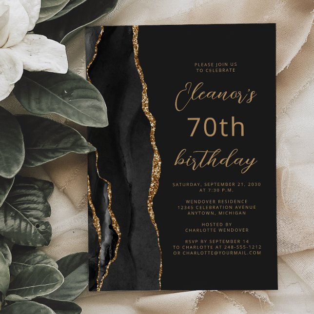 Invitation d'anniversaire 70 ans Black Gold Agate  (Créateur téléchargé)