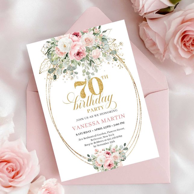Invitation d'anniversaire 70 ans Boho Blush Roses (Boho Blush Roses 70th Birthday Invitation)