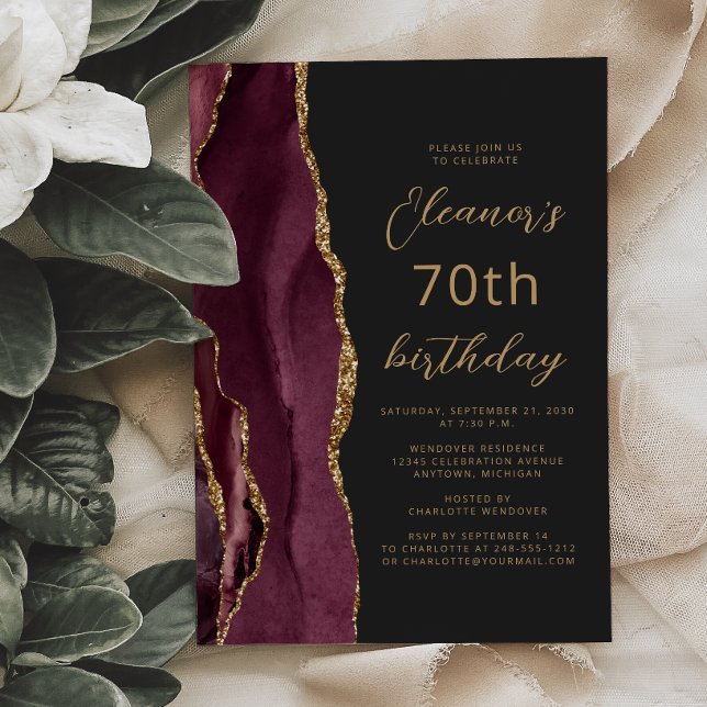 Invitation d'anniversaire 70 ans Burgundy Gold Aga (Créateur téléchargé)