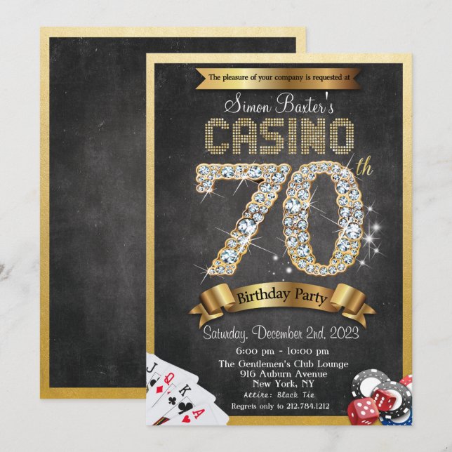 Invitation d'anniversaire 70 ans Casino Diamant Or (Devant / Derrière)