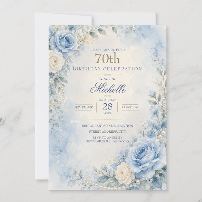 Invitation d'anniversaire 70 ans Fleurie Bleu Poud (Devant)