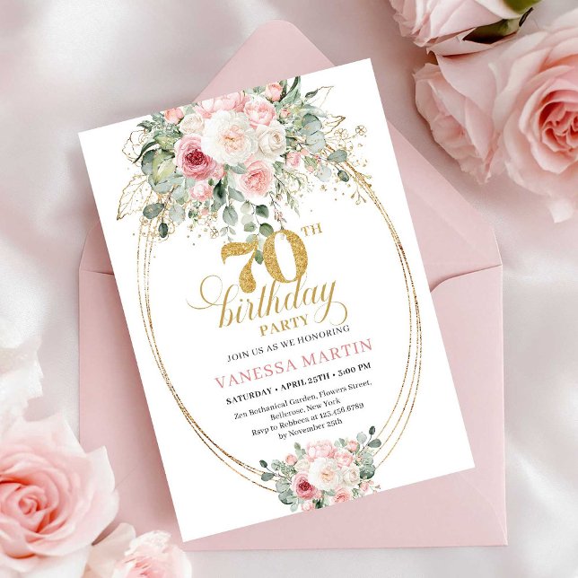 Invitation d'anniversaire 70 ans Fleurs Rose Pâle  (Soft Pale Pink Flowers 70th Birthday Invitation)