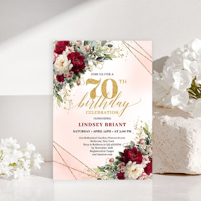 Invitation d'anniversaire 70 ans Floral Or Classiq (Classic Gold Floral Happy 70th Birthday Invitation)