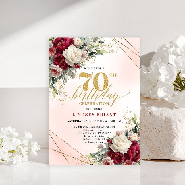 Invitation d'anniversaire 70 ans Floral Romantique (Romantic Floral Gold 70th Birthday Invitation)