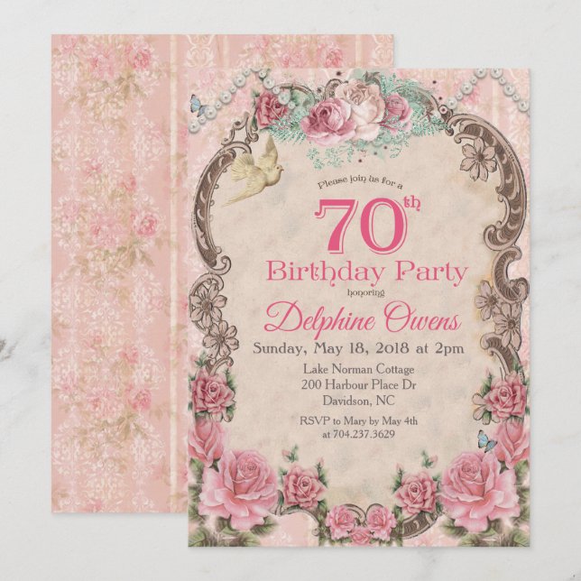 Invitation d'anniversaire 70 ans Floral Vintage (Devant / Derrière)