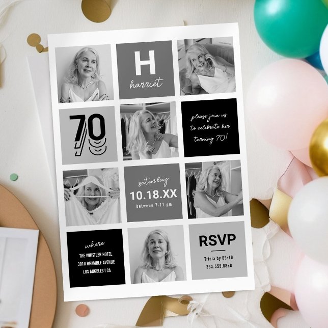 Invitation d'anniversaire 70 ans gris noir moderne (Créateur téléchargé)