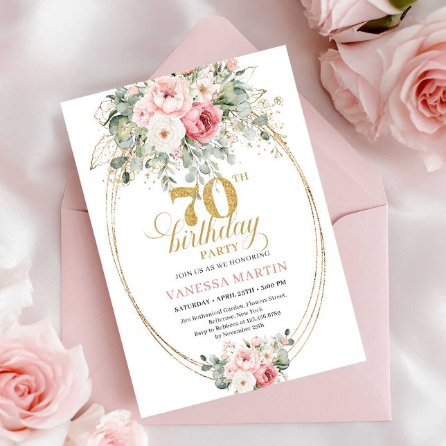 Invitation d'anniversaire 70 ans Minimal Blush et  (Minimal Blush and Gold 70th Birthday Invitation)