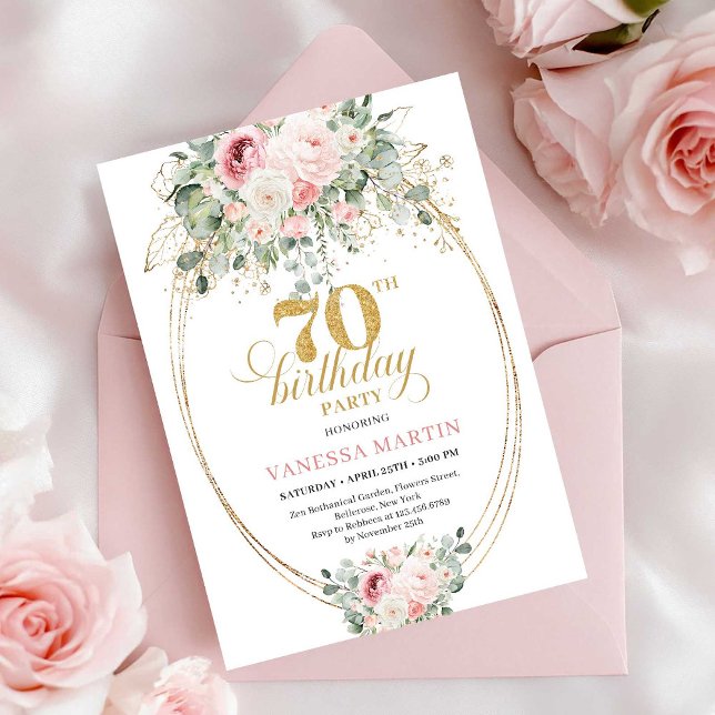 Invitation d'anniversaire 70 ans Minimaliste Roses (Minimalist Blush Roses 70th Birthday Invitation)