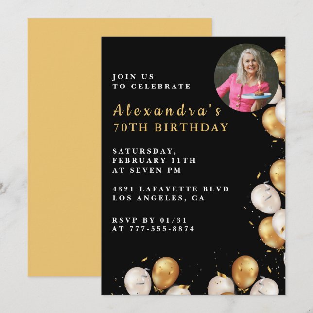Invitation d'anniversaire 70 ans noir Ballon d'or  (Devant / Derrière)