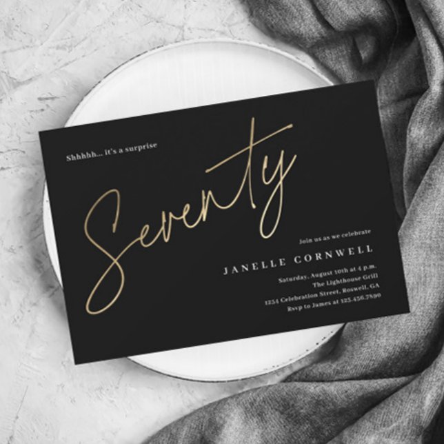 Invitation d'anniversaire 70 ans noir et or à peti (Modern gold script budget 70th birthday party invitations.)