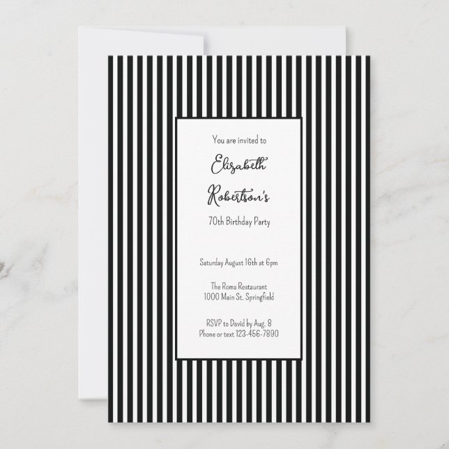Invitation d'anniversaire 70 ans rayures noires mi (Devant)