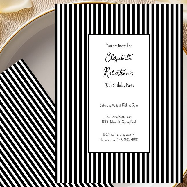 Invitation d'anniversaire 70 ans rayures noires mi (Créateur téléchargé)