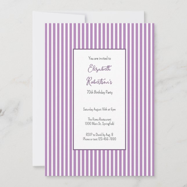 Invitation d'anniversaire 70 ans rayures violettes (Devant)