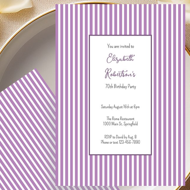 Invitation d'anniversaire 70 ans rayures violettes (Créateur téléchargé)