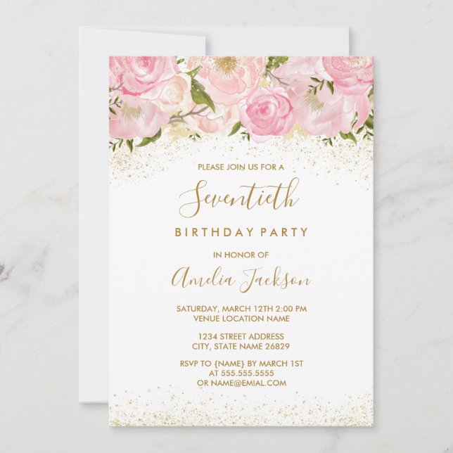 Invitation d'anniversaire 70 ans Rose Étincelle Or (Devant)