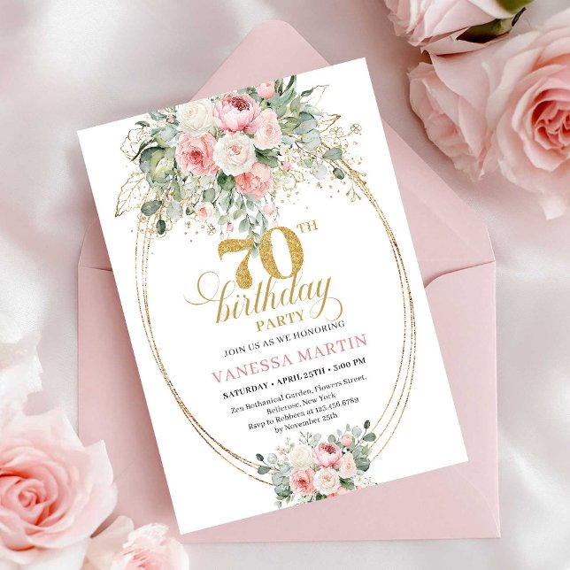 Invitation d'anniversaire 70 ans Rustique Poussiér (Rustic Dusty Pink Greenery 70th Birthday Invitation)