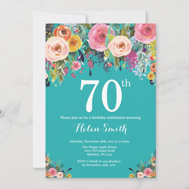 Invitation d'anniversaire 70 ans Teal Floral (Devant)