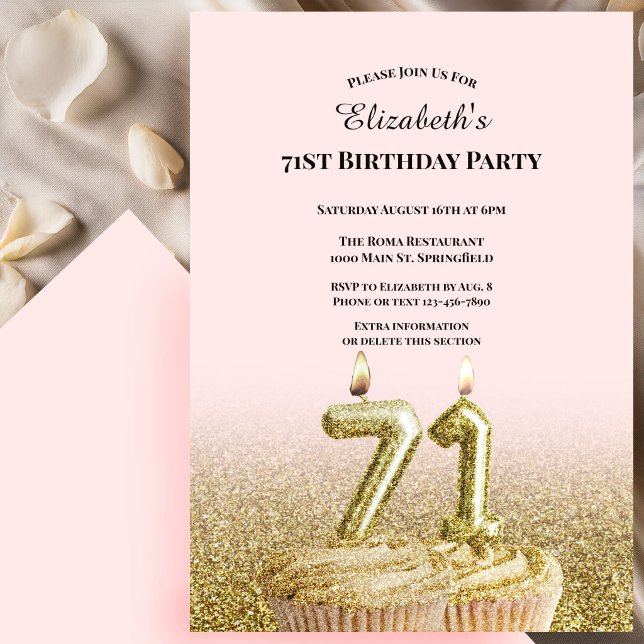 Invitation d'anniversaire 71 ans rose et or pour e (Créateur téléchargé)