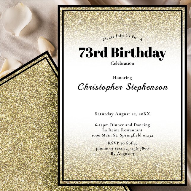 Invitation d'anniversaire 73 ans en noir et or (Créateur téléchargé)