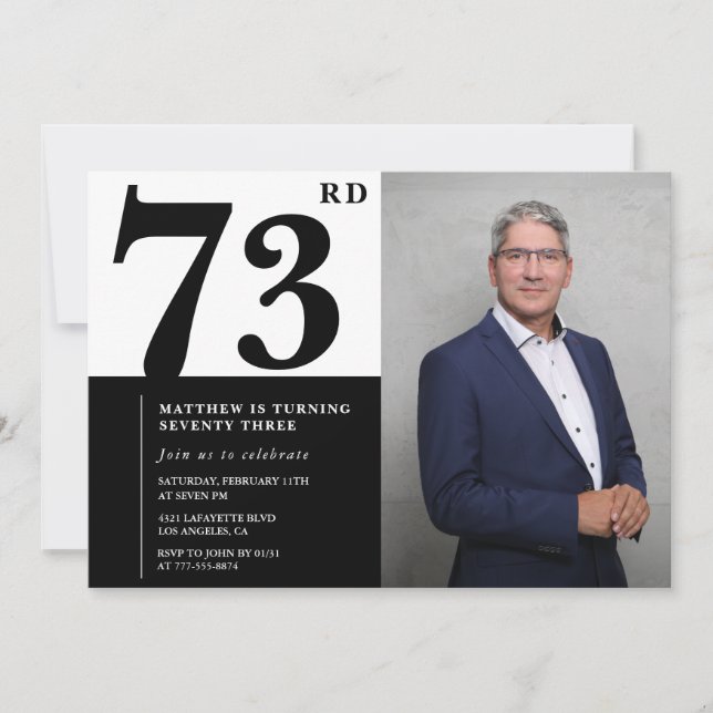 Invitation d'anniversaire 73 ans photo noir et bla (Devant)