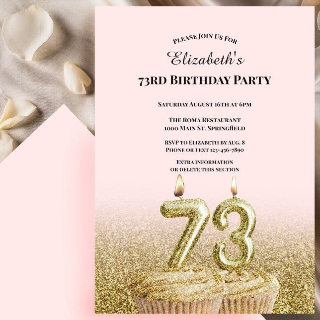 Invitation d'anniversaire 73 ans rose et or pour e (Créateur téléchargé)