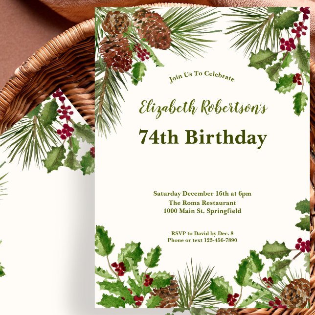 Invitation d'anniversaire 74 ans Elegant Winter Gr (Créateur téléchargé)
