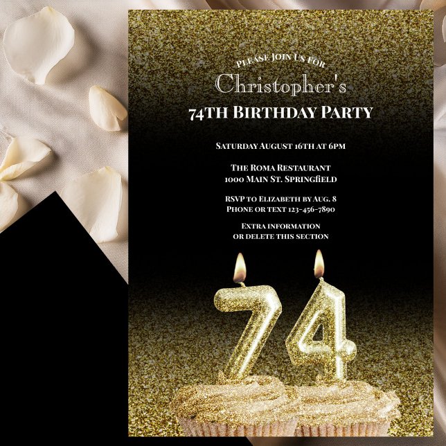 Invitation d'anniversaire 74 ans noir et or pour l (Créateur téléchargé)