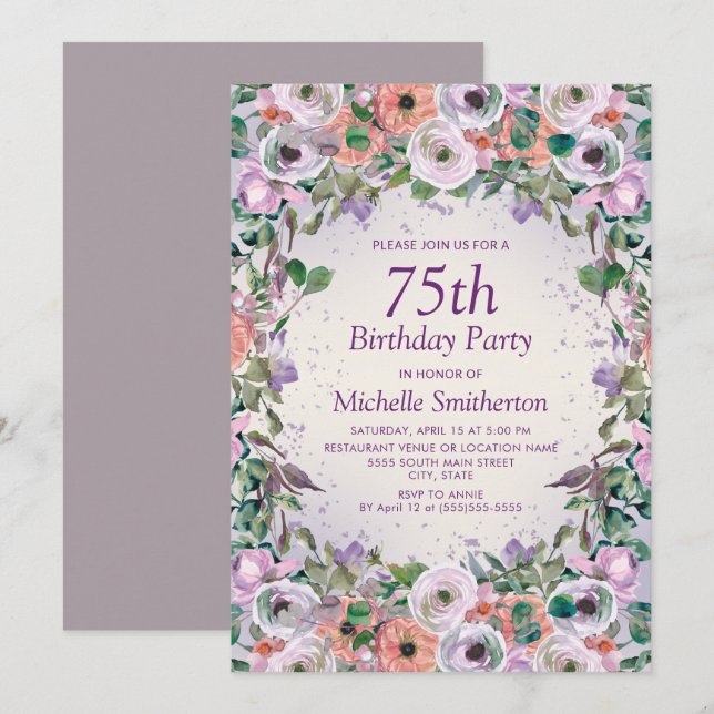 Invitation d'anniversaire 75 ans Fleur d'aquarelle (Devant / Derrière)