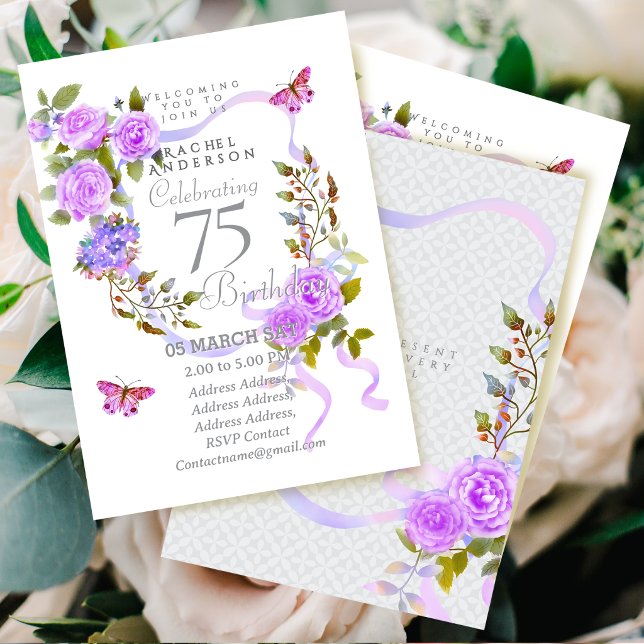 Invitation d'anniversaire 75 ans Ruban Rose Pourpr (Purple Rose Ribbon 75th Birthday Invitation Card)