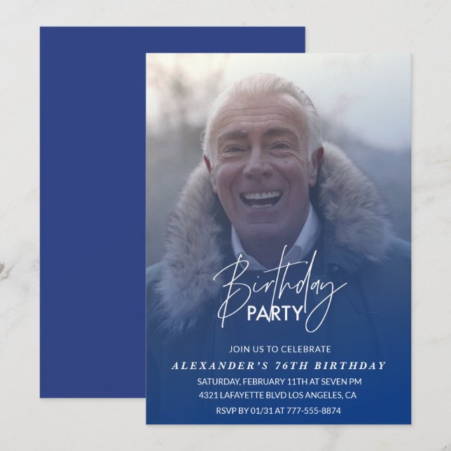 Invitation d'anniversaire 76 ans Bleu Fête d'anniv (Devant / Derrière)