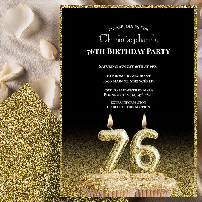 Invitation d'anniversaire 76 ans noir et or pour l (Créateur téléchargé)