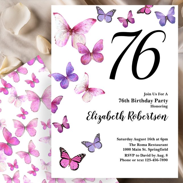 Invitation d'anniversaire 76 ans papillon en rose/ (Créateur téléchargé)