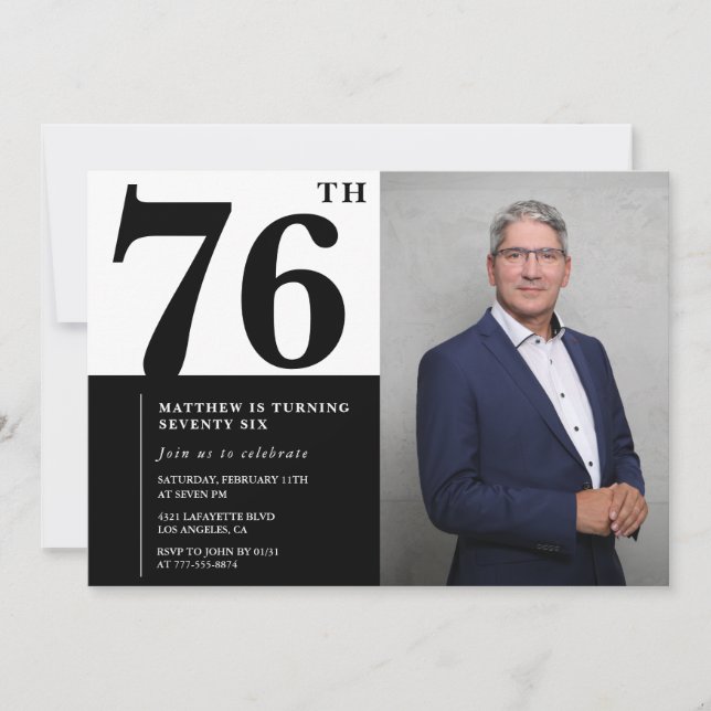 Invitation d'anniversaire 76 ans photo noir et bla (Devant)