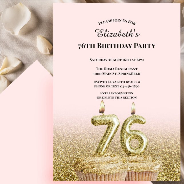 Invitation d'anniversaire 76 ans rose et or pour e (Créateur téléchargé)