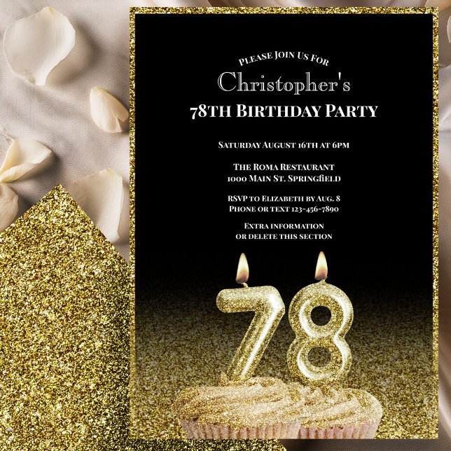 Invitation d'anniversaire 78 ans noir et or pour l (Créateur téléchargé)