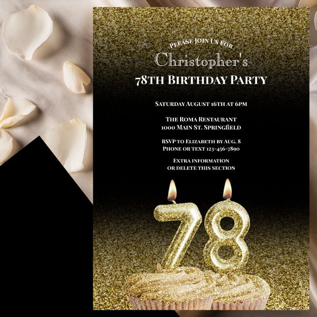 Invitation d'anniversaire 78 ans noir et or pour l (Créateur téléchargé)