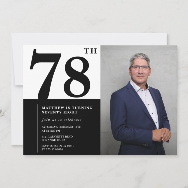 Invitation d'anniversaire 78 ans photo noir et bla (Devant)