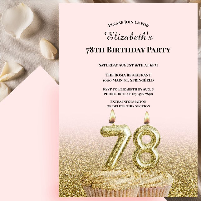 Invitation d'anniversaire 78 ans rose et or pour e (Créateur téléchargé)