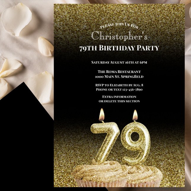 Invitation d'anniversaire 79 ans noir et or pour l (Créateur téléchargé)