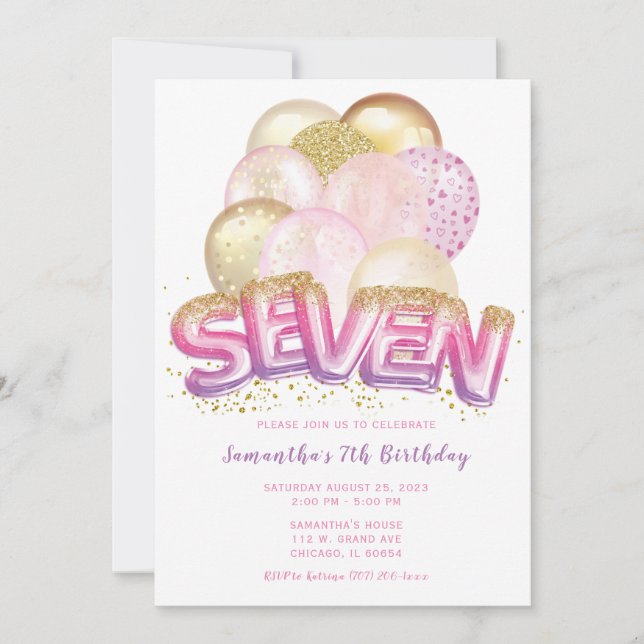 Invitation d'anniversaire 7 ans Ballon Rose Violet (Devant)