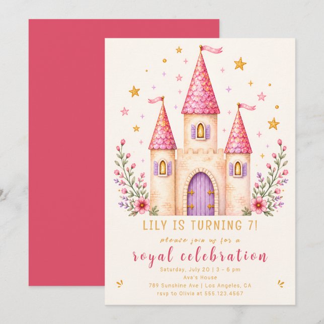 Invitation d'anniversaire 7 ans Château Princesse  (Devant / Derrière)