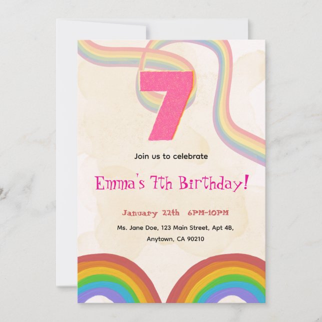 Invitation d'anniversaire 7 ans de Rainbow Girl (Devant)