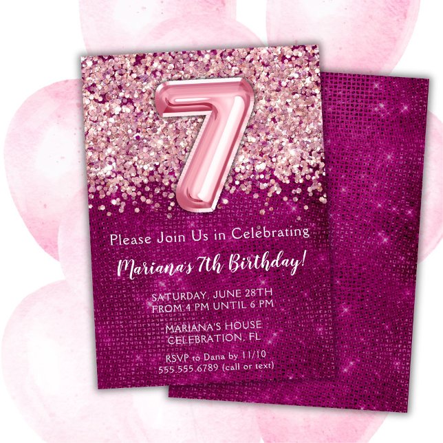 Invitation d'anniversaire 7 ans fille Magenta Rose (Créateur téléchargé)