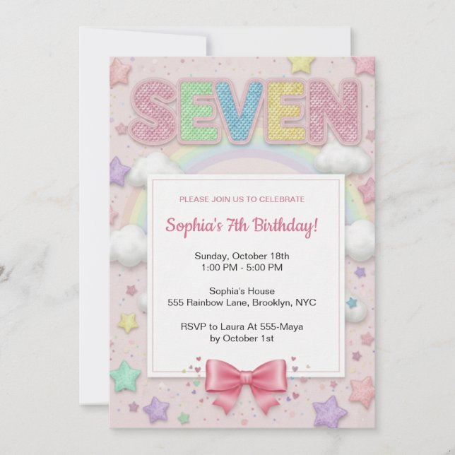 Invitation d'anniversaire 7 ans fille pastel arc-e (Devant)