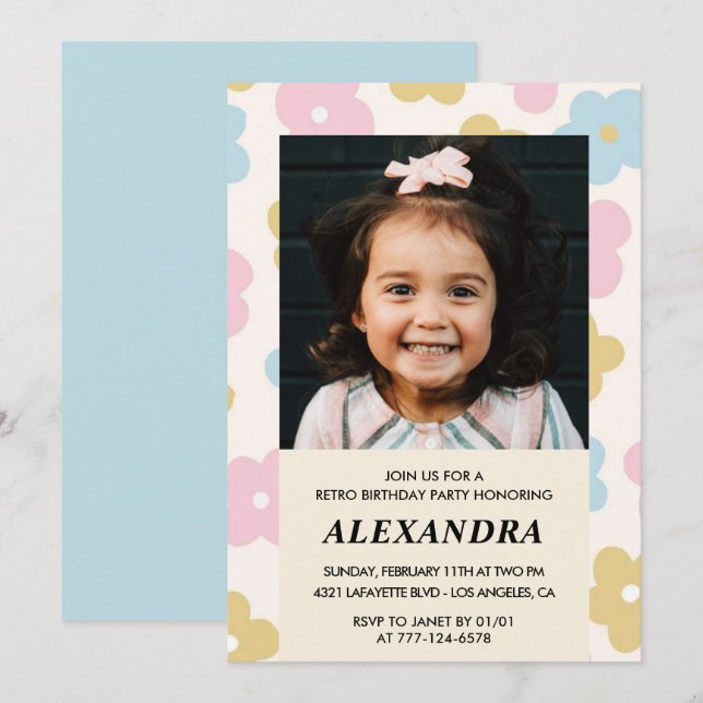 Invitation d'anniversaire 7 ans Fleurs rétro funky (Devant / Derrière)