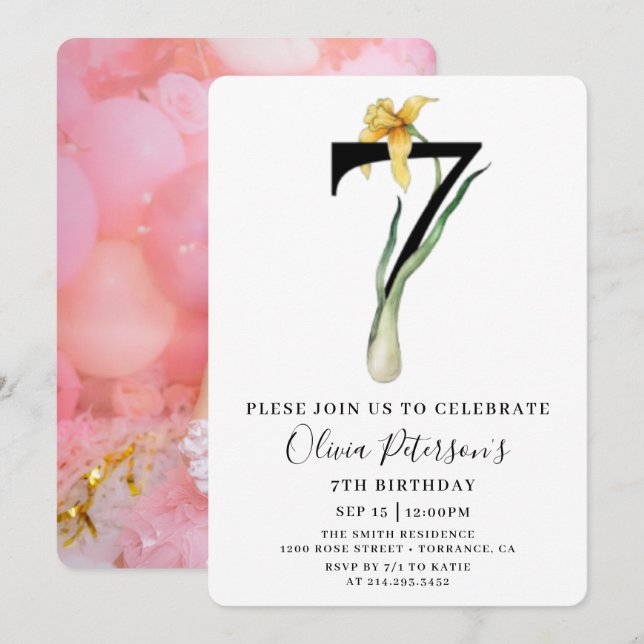Invitation d'anniversaire 7 ans florale avec photo (Devant / Derrière)