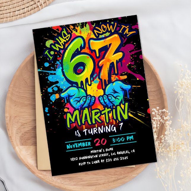 Invitation d'anniversaire 7 ans Neon Graffiti Six  (Créateur téléchargé)